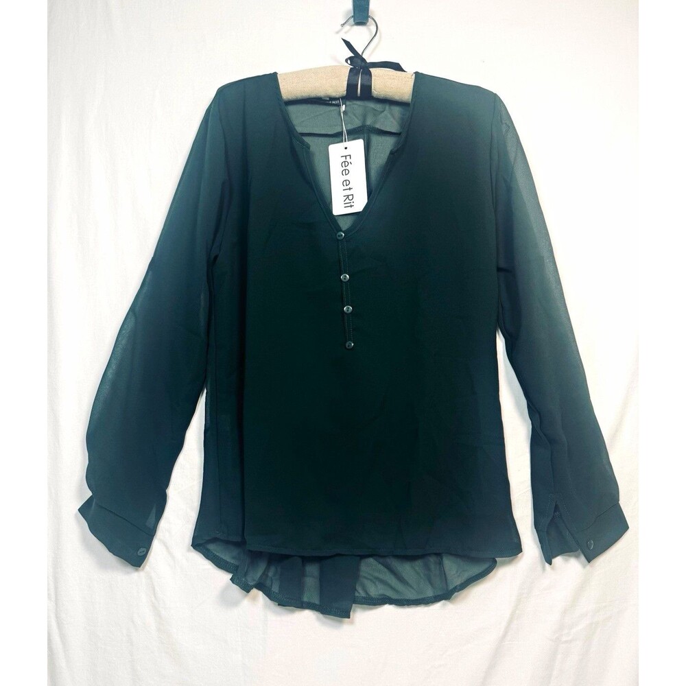 Fée et Rit Women’s Green Sheer Chiffon V-Neck Button Front Blouse XL